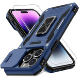 Case For Iphone 14 Pro Max With Slide Camera Cover+Screen Protector(1 Pack),Rotated Ring Kickstand Military Grade Shockproof Protective Cover 6.7 Inch-Navy Blue