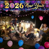 2026 Happy New Year Banner City Night Fireworks Party Backdrop 8x1.6ft