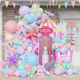Carnival Circus Pastel Balloon Arch Garland Kit, 143Pcs Macaron Pink Purple Blue Green Yellow Balloons Explosion Star Foil Balloons For Carnival Theme Birthday Party Baby Shower Decorations