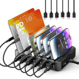 Charging Station For Multiple Devices,65W 6 Port Multi Usb C Fast Charger Station With 6 Mixed Charging Cables,Charging Dock Compatible With Iphone Ipad,Cell Phone,Tablets Android And More