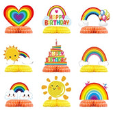 9 Pieces Rainbow Honeycomb Party Decorations Colorful Cloud, Sun, Heart Balloon, Happy Birthday Centerpieces For Tables, Rainbow Theme Party Decor For Birthdays And Baby Showers