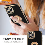 Luxury iPhone 13 Pro Max Case with Rotatable Ring Holder and Magnetic Kickstand, Plated Rose Gold Edge, Slim Soft TPU Cover for Women and Men, Black