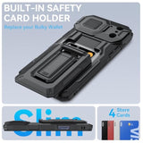 Heavy Duty Rugged Phone Case for iPhone 17 Pro Max with Semi-Automatic Card Slot, RFID Blocking, Kickstand, and Camera Lens Cover, Black, 6.9 Inch