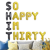30th Birthday Balloons: Black & Gold "So Happy I'm Thirty" Banner