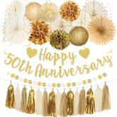 50Th Anniversary Decorations, Gold Glitter Happy 50Th Anniversary Banner Photo Background For Women Men, Cheers To 50 Years Backdrop Pompoms Paper Fans Party Supplies Dad Mom