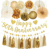 50Th Anniversary Decorations, Gold Glitter Happy 50Th Anniversary Banner Photo Background For Women Men, Cheers To 50 Years Backdrop Pompoms Paper Fans Party Supplies Dad Mom