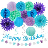 Winter-Wonderland Christmas-Snowflake Frozen Birthday Party-Decorations - 21Pcs Happy Banner,Blue Purple Teal Paper Lanterns Honeycomb Streamers,Tissue Pom Poms Flower Fan,Hanging Decor