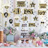 40th Birthday Hanging Swirl Decorations: Black & Gold 1985 Vintage Theme