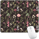 Pink Floral Mouse Pad Desk Watercolor Flower Vintage Cute Black Mousepad Mat Square Nature Botanical Plant Aesthetic Pretty Washable Accessories Computer Laptop Wireless Travel Decorative Design Women