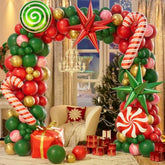 Christmas Balloon Garland Arch Kit, Red Green Gold Gift Box Exploding Star Foil Balloons, Windmill Candy Christmas Balloons For Party Decorations