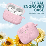 For Airpods Pro 2 Case Cover, Cute Floral Embossed Soft Silicone Full Protective Cover Accessories With Cleaning Kit & Keychain Compatible With Apple Airpod Pro Case For Women,Pink