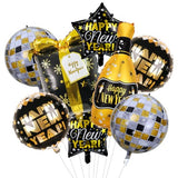8Piece Happy New Year Balloons Set, Black Gold New Years Eve Party Supplies with 4D Dico Balloons, Gift Box, Stars and Champagne Bottle Foil Balloon for 2026 NYE Party Decorations