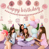 Rose Gold 12th Birthday Decoration Kit: Banner, Pom Poms, Cake Topper