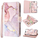 iPhone 16 Wallet Case, Marble Rose Gold PU Leather, 9 Card Slots, Shockproof