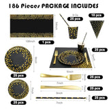 186-Piece Black Gold Party Tableware Set Serves 25 Plates Napkins Cups Cutlery