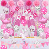 Pink Birthday Party Decorations, Light Pink And White Decor With Happy Birthday Banner, Tissue Pom Pom Flowers, Hot Pink And White Balloons, Pink Foil Curtain, Bday Party Supplies For Women