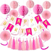 Pink Birthday Decorations, Happy Birthday Banner With Honeycomb Balls, Hanging Swirl Streamers Tassel ,Pink Paper Fans Birthday Party Decorations For Women Girls Happy Birthday Decorations
