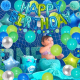 Blue And Green Birthday Decorations - Teal Blue Happy Birthday Banner, Mermaid Ocean Bubble Circle Dot Garland, Tissue Flowers, Tassels Garland, Balloons For Girls Boys Women Men Party Supplies