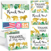 24 Kids Thank You Cards Birthday - 4X6 Jungle Safari Baby Shower Thank You Cards With Envelopes Kids Thankyou Notes Bulk, Blank Teacher Appreciation Notes, Party Supplies, Made In Usa