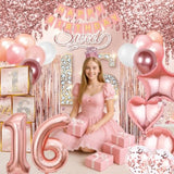 Sweet 16 Party Decorations Pink Rose Gold Sixteen Birthday Party Supplies With Backdrop Banner Foil Balloons Tassel Curtain Balloon Garland Kit And Sweet 16 Boxes For Girl 16Th Sweet Party (Rose Gold)