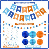 Blue & Orange Dog Birthday Party Decorations Banner, Swirls, Honeycomb Balls