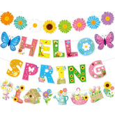 Hello Spring Banner, 4Pcs Spring Banner Decorations Flowers Bloom Garland For Welcome Spring Fireplace Mantle Party Spring Easter Birthday Bunting Banner Double-Sided