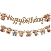 Brown Glitter Highland Cow Birthday Banner - Cattle Themed Party Decorations For Baby Shower Supplies