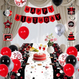 Black And Red Birthday Decorations For Men Women Boys Girls, Black And Red Party Decorations Happy Birthday Banner Backdrop Confetti Silver Balloons Arch Hanging Swirls Party Supplies Tablecloth