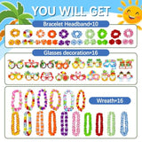 62 Pcs Hawaiian Leis For Luau Party Hawaii Leis Bulk - Tropical Hula Dance Decor Flowers Necklaces, Flower Headbands, Paper Glasses, Summer Beach Hawaii Party Favors