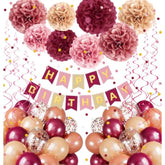 Pink Burgundy Birthday Décor Kit – Balloons, Pom Poms & Banner Set