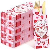 100 Pcs Valentine'S Day Silverware Bag Pink Paper Utensil Holder For Valentine'S Day Party Supplies Disposable Silverware Pocket Sleeves Cutlery Holder For Wedding Party Table Centerpiece Decor