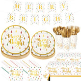 195 Pcs Christmas Party Supplies Disposable Tableware Set Christmas Plates Tablecloth Banner Napkins Cups Forks Knife Spoons Xmas Dinnerware For 24 Guests Holiday Decorations(Merry Bright)