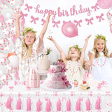 Pink Bow Birthday Party Decorations Set, Girl Bow Themed Glittery Happy Birthday Banner Pom Pom Garland Tassel Garland Tablecloth Pink And White Balloons Decor For Women 18Th 21St 30Th Party Supplies