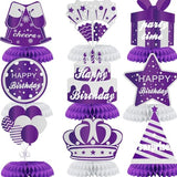 9PCS Purple Silver Happy Birthday Decorations Honeycomb Centerpieces for Women Men