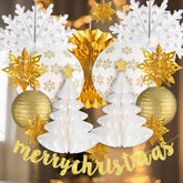 16Pcs Christmas Vintage Hanging Decorations, 3D Xmas Tree Gold Snowflake/Merry Christmas Banner Paper Lantern Ornament For Festive Holiday Table Decor