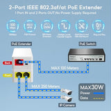 2 Port Poe Extender 100Mbps, Ieee 802.3 Af/At Repeater, 1 In 2 Out, Plug And Play, Wall Mount Passthrough Switch For Security Systems Ip Camera