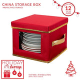 Holiday Salad Plate Dinnerware Storage Box | 9.45 Inch | Christmas China | 12 Felt Dividers | Tableware Setting | Red
