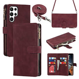 For Samsung Galaxy S22 Ultra Wallet Case With Card Holder, Kickstand Feature Pu Leather Case With Adjustable Crossbody Lanyard Magnetic Clasp Zipper Pocket Flip Cover (Claret)
