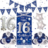 16Th Birthday Decorations For Boys Girls, Blue Silver Happy 16Th Birthday Decorations Door Banner 32" Number 16 Foil Balloon 33Pcs Balloons Triangle Flag Sweet 16 Year Old Birthday Party Sign Supplies