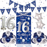 16Th Birthday Decorations For Boys Girls, Blue Silver Happy 16Th Birthday Decorations Door Banner 32" Number 16 Foil Balloon 33Pcs Balloons Triangle Flag Sweet 16 Year Old Birthday Party Sign Supplies