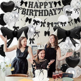 Black Bow Birthday Decorations, Happy Birthday Banner Garland And Hanging Swirls, 28Pcs Balloons, Cake Toppers, Bow Themed Party Decorations For Girls Women