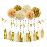 White Gold Champagne Party Decorations - 23Pcs Tissue Pom Poms Streamers,Christmas Wedding Engagement Tassel Garland Banner,Bachelorette Neutral Birthday Baby Bridal Shower Decor