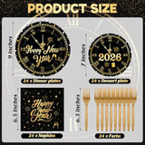 96 Pcs Happy New Year Plates And Napkins, 2026 Nye Plates Black Gold With Clock Design, Disposable Dinnerware Set Include Plate, Napkins, Fork, Happy New Year Plate For Eve Party Supplies Serves 24