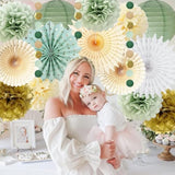 Sage Green Gold Party Decorations Pom Poms Paper Fans Garland Decor