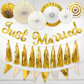 Wedding Decorations Set (Gold), Bridal Shower Decoration W/ Just Married Banner, Party Bunting Banner, 10 Tassels Garland & 6 Paper Fans, Wedding Reception Party Supplies By