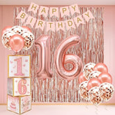 Sweet 16 Party Decorations,16Th Birthday Boxes Decor For Girls Women Sweet Sixteen Happy Birthday Banner Kits Pink Rose Gold Foil Balloons Party Supplies Rose Gold Tassel Curtain