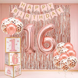 Sweet 16 Party Decorations,16Th Birthday Boxes Decor For Girls Women Sweet Sixteen Happy Birthday Banner Kits Pink Rose Gold Foil Balloons Party Supplies Rose Gold Tassel Curtain