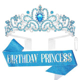Blue Rhinestone Princess Crown & "Happy Birthday" Sash Set