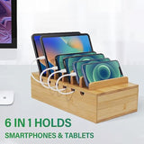 Bamboo Charging Station For Multiple Devices, Desk Docking Stations Organizer Compatible With Iphone Devices, Wood Charging Cell Phone Holder Stand (Includes 6 Cables) (No Power Supply)