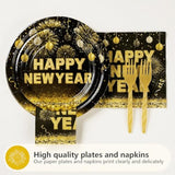 96 Pcs New Years Eve Party Supplies 350 Gsm Black And Gold Happy New Year Tableware Set 2025 Disposable New Years Eve Paper Plates And Napkins For 2025 New Year Party Decorations Serves 24